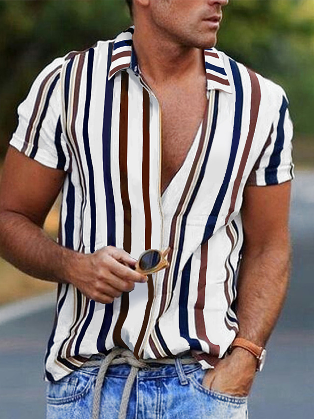  Camisa masculina gola listrada street diariamente impressão de botão para baixo manga curta tops moda casual respirável confortável branco/verão