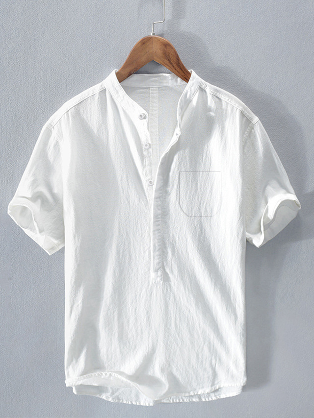  Men's Linen Shirt Summer Shirt Beach Shirt Stand Collar Summer Short Sleeve White Royal Blue Blue Plain Casual Daily Clothing Apparel