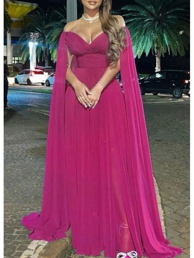  TS A-Line Evening Gown Elegant Dress Formal Wedding Party Sweep / Brush Train Sleeveless Off Shoulder Capes Chiffon with Pleats 2024