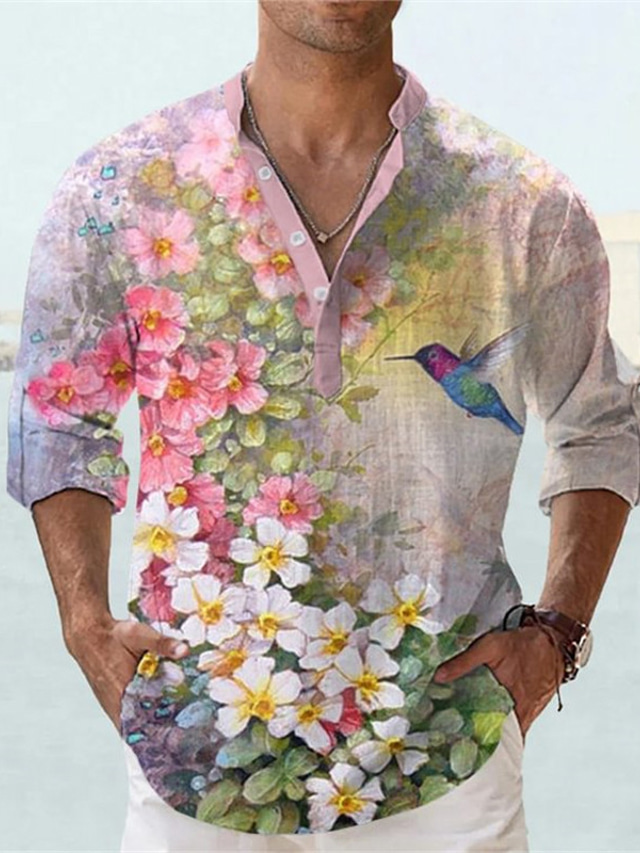 Homme Chemise Chemise Lin Floral Imprims Photos Mao Rose Claire Kaki ...