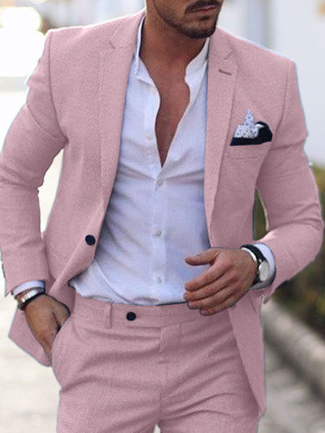  Trajes de lino rosa para hombre, trajes de boda de playa de verano, 2 piezas de color sólido, ajuste a medida, un solo pecho, dos botones 2023