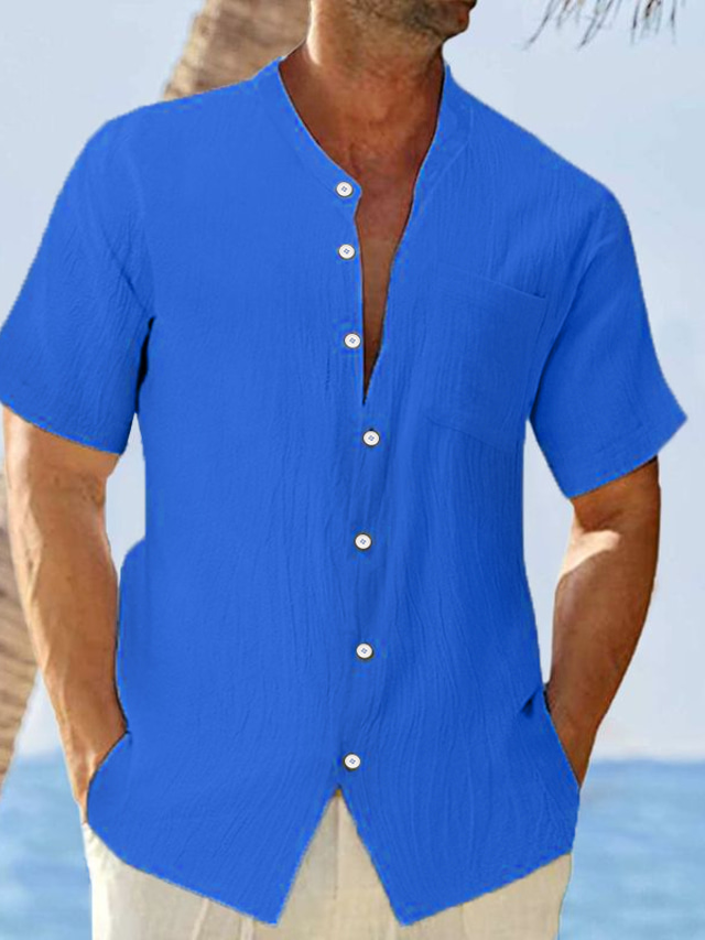  Men's Shirt Button Up Shirt Casual Shirt Summer Shirt Beach Shirt Black White Navy Blue Blue khaki Short Sleeve Plain Band Collar Daily Vacation Front Pocket Clothing Apparel Fashion Casual