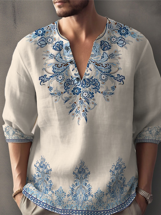  Men's Shirt Linen Shirt Floral Graphic Prints Stand Collar Blue Khaki Gray Outdoor Street Long Sleeve Print Clothing Apparel Linen Fashion Streetwear Designer Casual