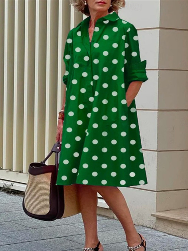  Women's Shirt Dress Casual Dress Shift Dress Midi Dress Outdoor Daily Vacation Fashion Modern Shirt Collar Button Pocket 3/4 Length Sleeve Summer Spring Loose Fit Polka Dot