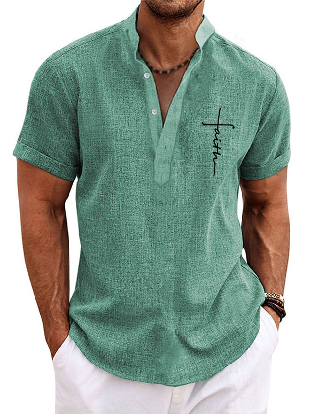  Homme Imprimés Photos Croix Chemise Chemise Lin Manche Courte Chemise Mao Extérieur Plein Air Rose Claire Bleu Vert Kaki Gris Imprimer Vêtement Tenue Mode Vêtement de rue Design Décontractées