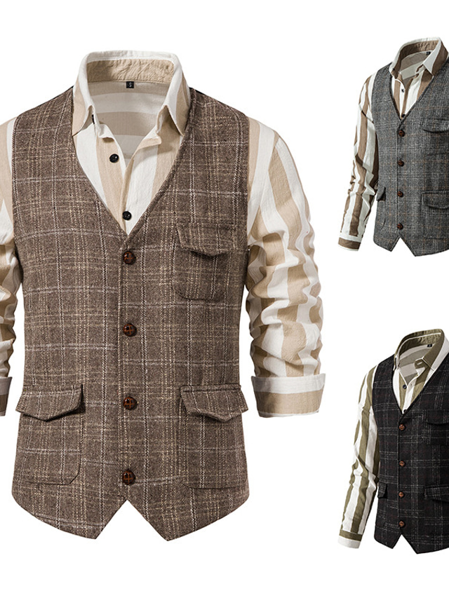  Men's Vest Waistcoat Daily Wear Vacation Going out Vintage British Spring &  Fall Button Polyester Comfortable Plaid Single Breasted Lapel Regular Fit Grey Black khaki Vest
