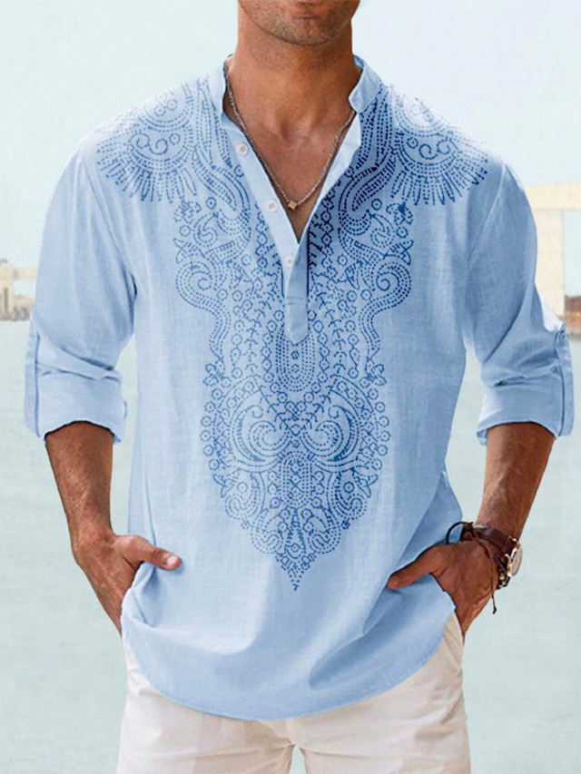  Hombre Camisa camisa de lino Floral Estampados Tótem Escote Chino Blanco Azul Piscina Caqui Exterior Calle Manga Larga Estampado Ropa Lino Moda Ropa de calle Design Casual