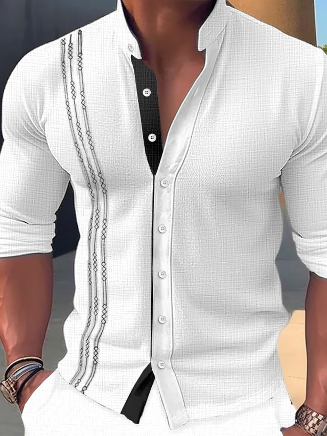  Men's Shirt Linen Shirt Button Up Shirt Casual Shirt Summer Shirt Beach Shirt Black White Pink Long Sleeve Embroidery Standing Collar Spring & Summer Casual Daily Clothing Apparel
