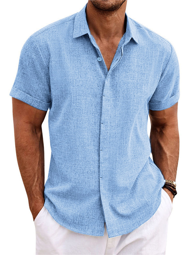  Voor heren Overhemd linnen overhemd Normaal shirt Zomer overhemd Strand hemd Button-down overhemd Zwart Wit blauw Korte mouw Effen Revers Zomer Casual Dagelijks Kleding