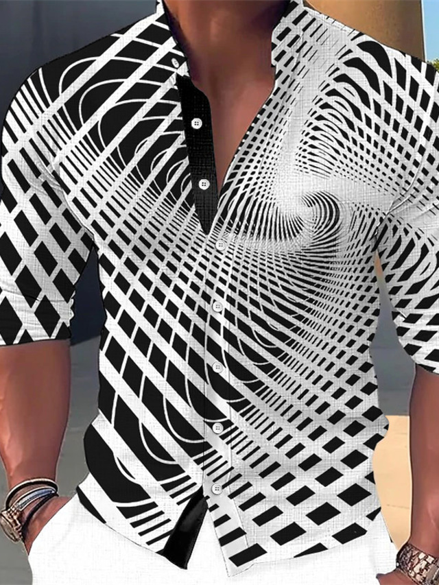  Men's Shirt Optical Illusion Graphic Prints Stand Collar White Yellow Pink Blue Green Outdoor Street Long Sleeve Print Clothing Apparel Fashion Streetwear Designer Casual