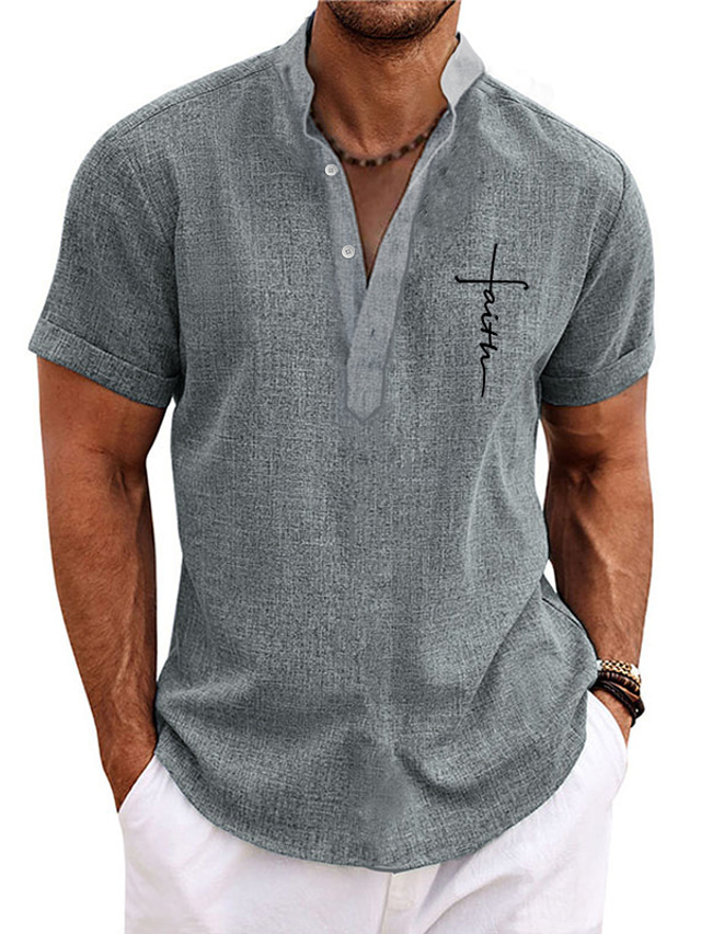  Men's Shirt Linen Shirt Graphic Prints Cross Stand Collar Pink Blue Green Khaki Gray Outdoor Street Short Sleeve Print Clothing Apparel Linen Fashion Streetwear Designer Casual