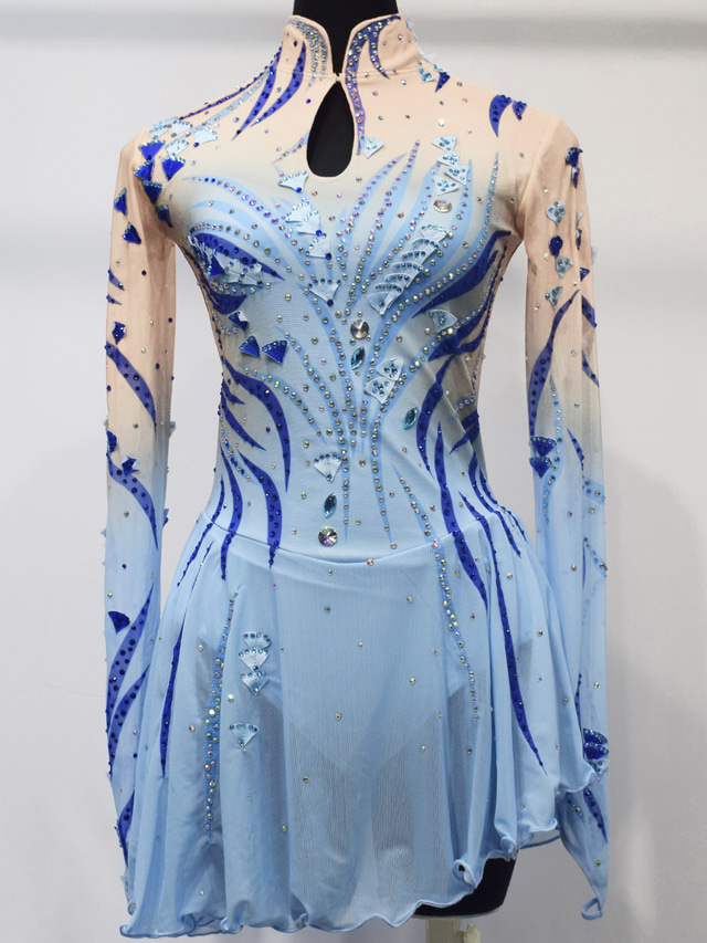  Figure Skating Dress Women's Girls' Ice Skating Dress Outfits Sky Blue Mesh Spandex High Elasticity Competition Skating Wear Handmade Crystal / Rhinestone Long Sleeve Ice Skating Figure Skating