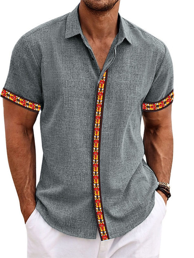  Men's Shirt Linen Shirt Graphic Prints Geometry Turndown Black White Blue Gray Outdoor Street Short Sleeves Print Clothing Apparel Linen Fashion Designer Casual Soft