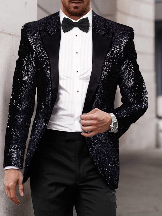  Herren-Party-Blazer mit Pailletten, 70er-Jahre, Disco-Retro-Freizeitjacke, normal, einfarbig, einreihig, Ein-Knopf, Schwarz, Gold, Silber, Rot, Blau, 2024