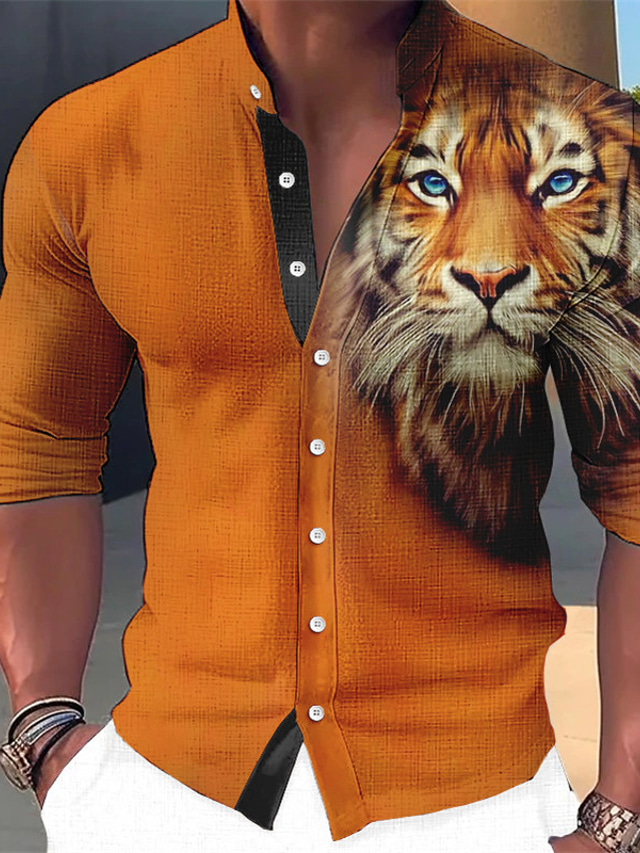  Męskie Koszula Zwierzę Tygrys Wzory graficzne Kołnierz stawiany Niebiesko-zielony Czerwony Niebieski Pomarańczowy Zielony Na zewnątrz Ulica Długi rękaw Nadruk Odzież Moda Moda miejska Designerskie