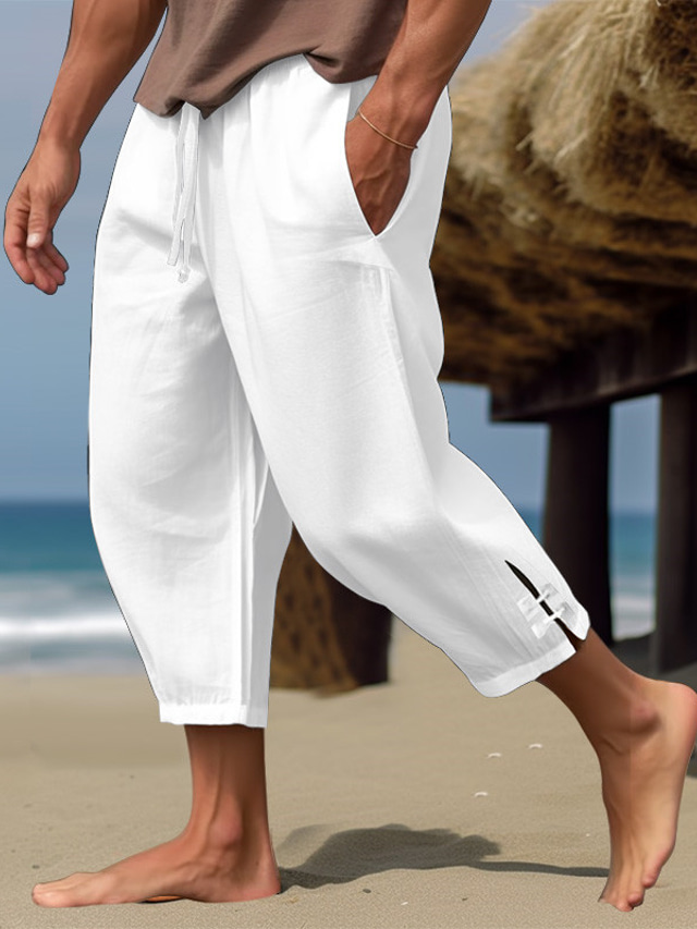  Men's Linen Pants Summer Pants Cropped Pants Beach Pants Drawstring Elastic Waist Plain Comfort Breathable Calf-Length Casual Daily Holiday Fashion Classic Style Black White
