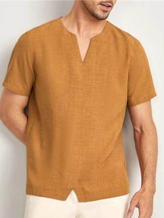 Herren Leinenhemd Kurzarm Henley Shirt Baumwolle Leinen V-Ausschnitt Sommer Freizeitshirt