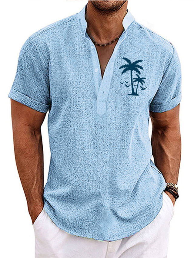  Men's Shirt Coconut Tree GraphicStand Collar Royal Blue Blue Green Khaki Light Blue Outdoor Street Short Sleeve Print Clothing Apparel Fashion Streetwear Designer Casual