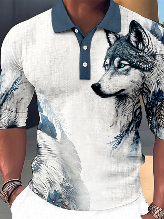  Voor heren POLO Shirt Golfshirt dier Wolf Grafische prints Strijkijzer Blauw-Groen Rood blauw Paars Bruin Buiten Straat Lange mouw Afdrukken Kleding Modieus Streetwear Ontwerper Zacht