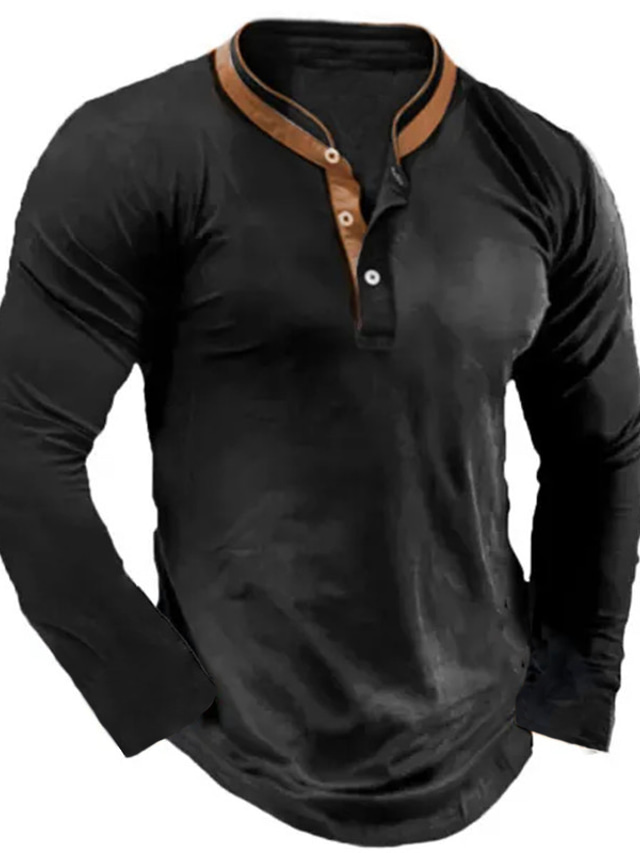 Camiseta Hombres Moda Negro Marrón Color Bloque Manga Larga Ropa Calle Camisetas