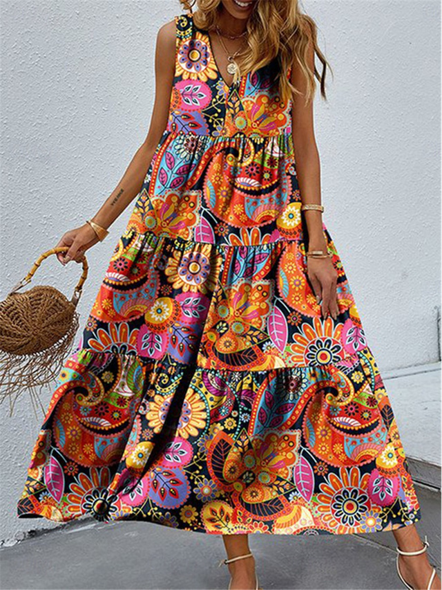  Women's Maxi long Dress Swing Dress Tank Dress Summer Dress Boho Dress Fashion Streetwear Tribal Outdoor Vacation Street Loose Fit Floral Paisley Sleeveless V Neck Orange Summer Spring