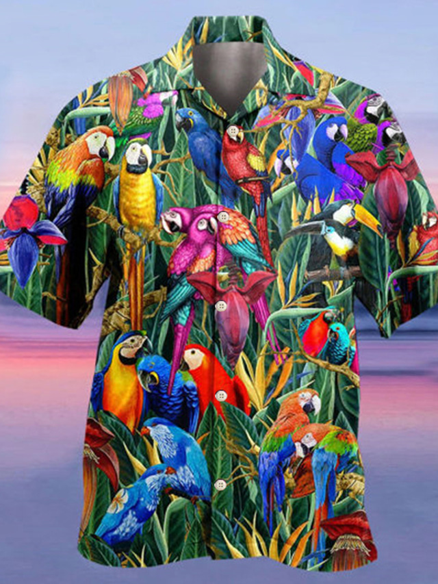  Herre Skjorte Hawaii skjorte Papegøye Aftæpning Gul Lysegrønn Rosa Blå Mørkegrønn 3D-utskrift utendørs Gate Kortermet Knapp ned Klær Hawaiisk Designer Fritid Bekvem