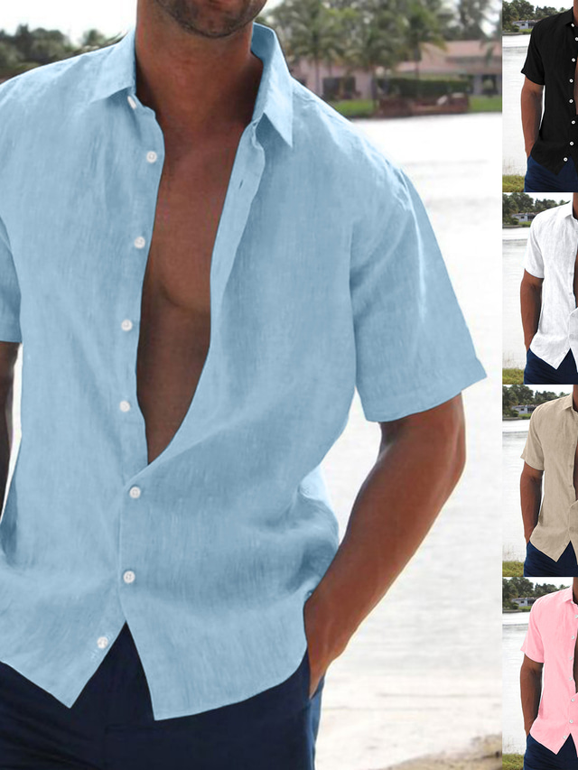  Homens camisa de linho camisa de verão camisa de praia Preto Branco Rosa Manga Curta Côr Sólida Aberto para a Lateral Verão Havaiana Feriado Roupa Botão para baixo