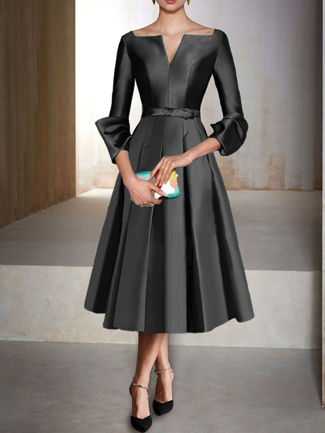  TS A-Line Cocktail Dresses Elegant Dress Formal Wedding Guest Tea Length 3/4 Length Sleeve V Neck Satin with Pleats 2025