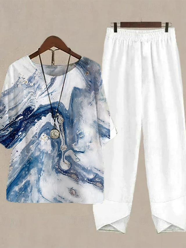  Set pentru femei din 2 piese elegant modă basic cămașă și pantaloni pantaloni cu mânecă scurtă gât rotund grafică imprimeu în dungi vacanță asemănătoare cu in weekend negru alb roz toamnă și iarnă