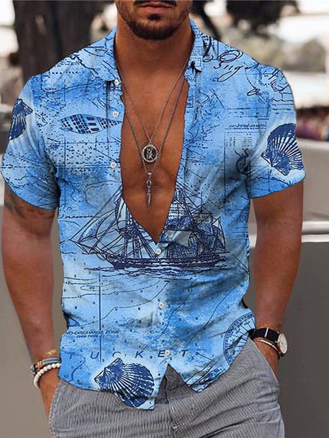  Herr Skjorta Hawaii skjorta Sommarskjorta Grafisk Hawaiisk Aloha Karta Roder Nedvikt Rubinrött Blå Grön Kaki Grå Tryck Utomhus Gata Kortärmad Button-Down Mönster Kläder Mode Designer Ledigt