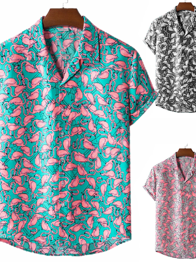  Homens Camisa Social Camisa havaiana Gráfico Flamingo Havaiana Aloha Detalhes Colarinho Clássico Preto / Branco Vermelho Azul Real Azul Verde Escuro Estampado Casual Feriado Manga Curta Imprimir Roupa