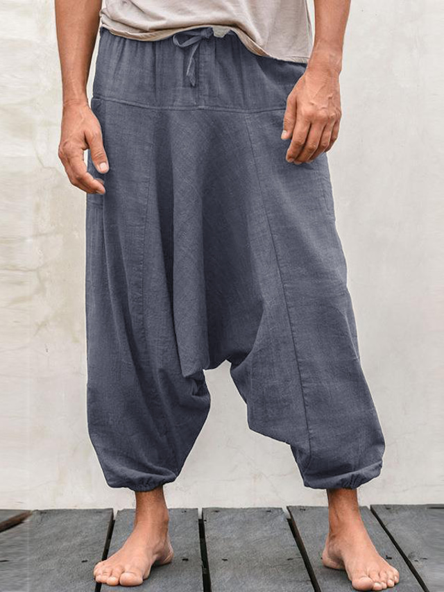  Men's Trousers Summer Pants Bloomers Beach Pants Harem Pants Drawstring Baggy Plain Breathable Gym Yoga Casual Classic Loose Fit Blue Grey