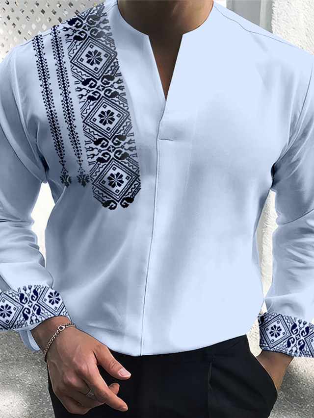  Per uomo Camicia Floreale Vintage ▾ Geometria Totem A V Bianco Blu Verde Cachi Azzurro Esterno Strada Manica lunga Stampa Abbigliamento Di tendenza Streetwear Originale Informale