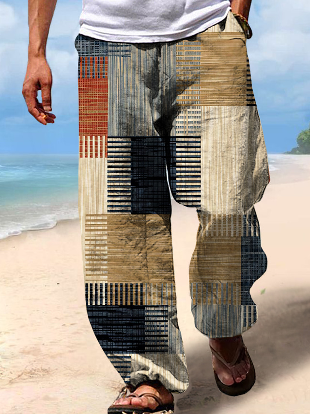  Men's Trousers Summer Pants Beach Pants Drawstring Elastic Waist 3D Print Stripe Graphic Prints Geometry Comfort Casual Daily Holiday Streetwear Hawaiian Yellow Blue