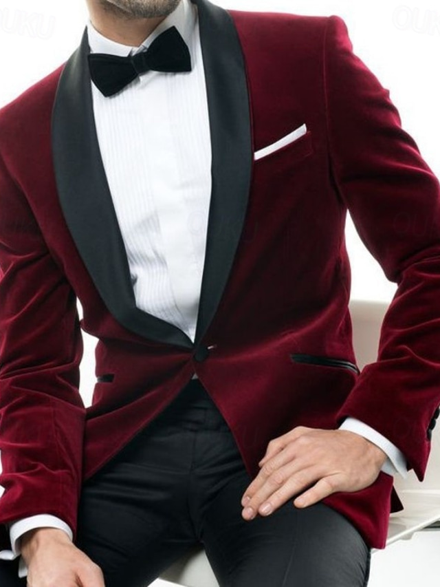  Men's Velvet Christmas Party Casual Blazer Jacket Regular Tailored Fit Solid Colored Single Breasted One-button Burgundy 2024