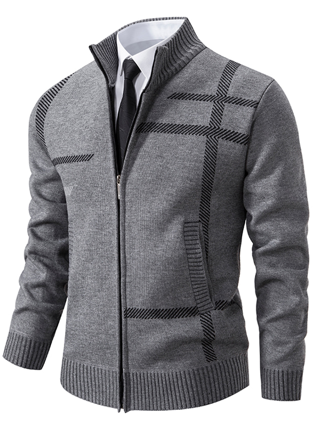  Men's Sweater Cardigan Sweater Dress Sweater Ribbed Knit Regular Knitted Stand Collar Warm Ups Modern Contemporary Daily Wear Going out Clothing Apparel Fall & Winter Light Grey Dark Grey S M L