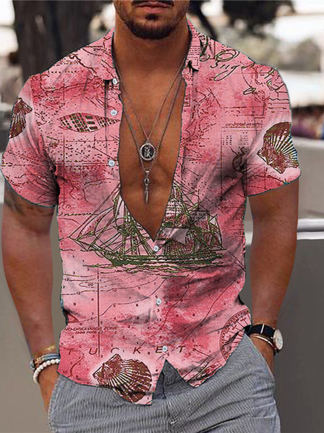 Mens Shirt Summer Hawaiian Shirt Summer Shirt Graphic Hawaiian Aloha Map Rudder Turndown Red 0408