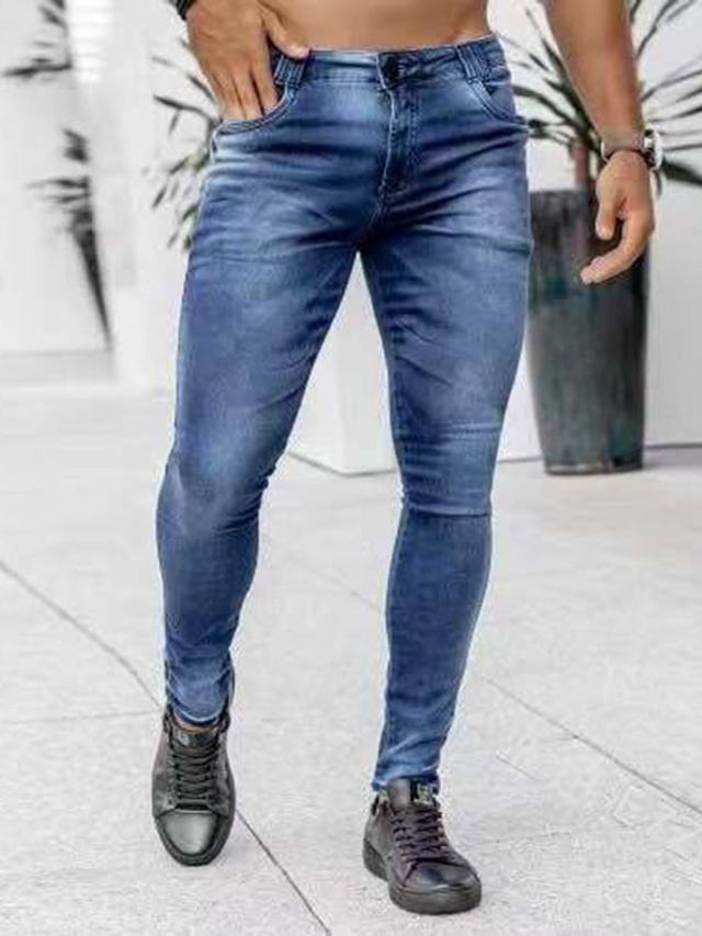  Homens Jeans Calças Calças jeans Bolsos Tecido Conforto Respirável Ao ar livre Diário Para Noite 100% Algodão Moda Casual Preto Azul
