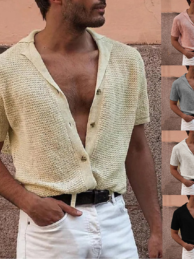  ανδρικό πουκάμισο με γιακά κατασκήνωσης πουκάμισο με γιακά κουβανέζικο γκρι κοντομάνικο ρουχισμό