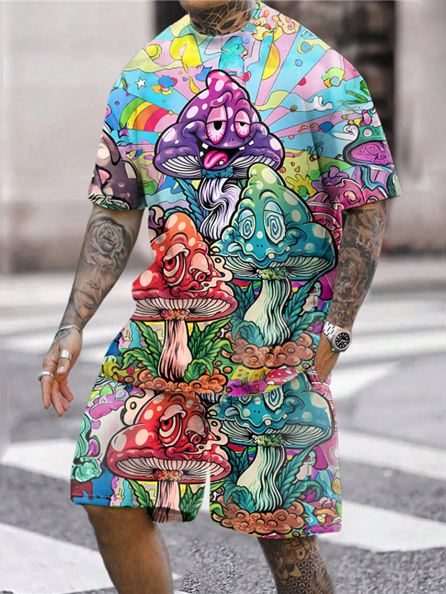  Mushrooms Colorful Mens 3D Shirt For Festival | Summer Cotton | Men'S Shorts And Set Outfits Graphic Crew Neck Clothing Apparel 3D Print Outdoor Daily Sleeve 2 Piece