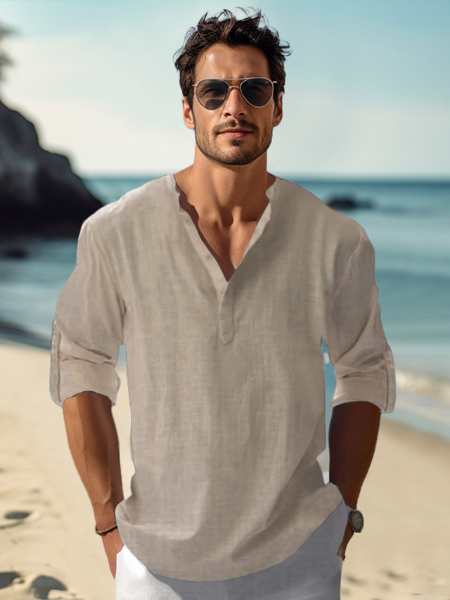  Herren leinenhemd Lässiges Hemd Strandhemd Henley Shirt Schwarz Weiß Rosa Langarm Glatt Henley Frühling Sommer Hawaiianisch Festtage Bekleidung