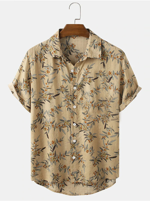 Herr Skjorta Hawaii skjorta Grafiska tryck Löv Nedvikt Blå Grön Kaki Utomhus Gata Kort ärm Button-Down Mönster Kläder Tropisk Mode Hawaiisk Designer
