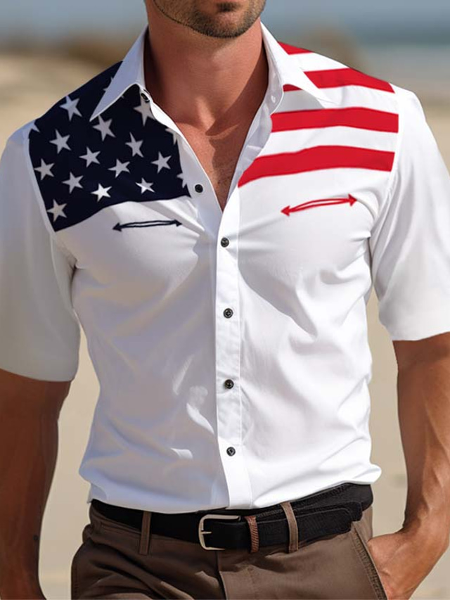  Bărbați Cămașă Cămașă occidentală Imprimeu Grafic Steagul american Răsfrânt Alb În aer liber Stradă Mânecă scurtă Imprimeu Îmbrăcăminte Modă Designer Casual Moale