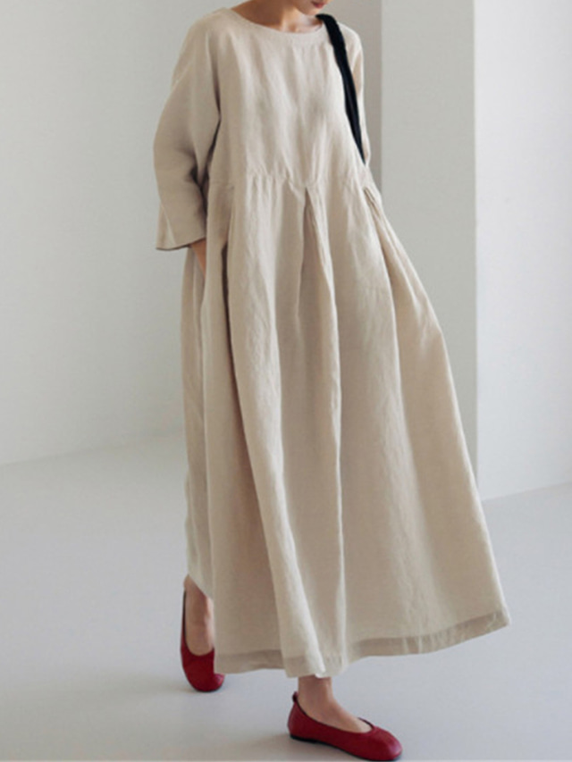 Generisch 2025 - katoen en linnen korte mouwen vakantie semi-casual dames V-hals mini-jurk effen damesjurk jurk dames elegant voor bruiloft met mouwen, Kaki, XL