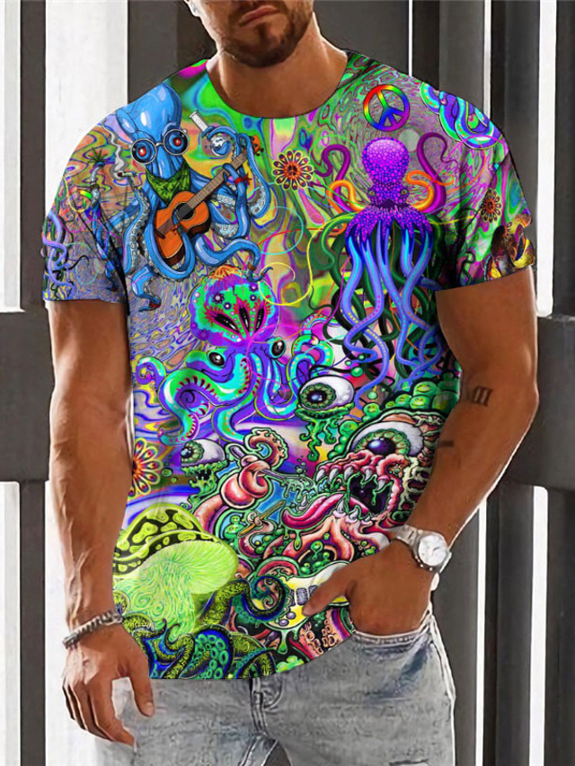  Halloween Colorful Octopus T-Shirt Mens Graphic Tee Mushroom Monster Crew Neck Clothing Apparel 3D Print Outdoor Daily Short Sleeve Fashion Designer Vintage Casual Cotton