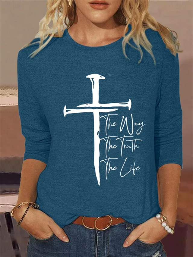  Women's T Shirt Graphic Letter Daily Basic Long Sleeve Round Neck Regular Tops Daily Weekend Print Black White Pink Blue Khaki Fall & Winter