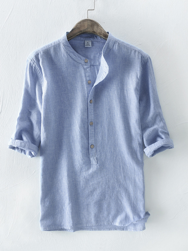  Men's Henley Shirt Linen Shirt Band Collar 1950s Casual Long Sleeve Light Blue Brown Light Grey Apricot Gray Striped Clothing Clothes Cotton Linen 1950s Casual