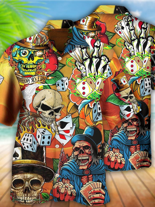  Herre Skjorte Hawaii skjorte Dødningehoveder Grafiske tryk Poker Aftæpning Gul Blå Grøn Afslappet Hawaiiansk Kortærmet Knap ned Trykt mønster Tøj Tropisk Mode Hawaiiansk Blødt