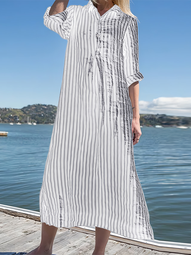  Women's Black White Blue Summer Spring Fall Maxi Dress Cotton Linen Dresses Shirt Dress Casual Dress Modern Casual Street Style Outdoor Vacation Daily Loose Fit Striped Shirt Collar