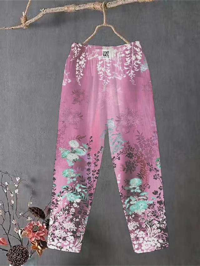  Femmes Pantalon en coton et lin Slacks Pantalons Amples Confort Chino Longueur cheville Taille moyenne Fleur Avec Poches Bouffant Imprimé Respirabilité Micro-Élastique Extérieur Quotidien Rose Claire